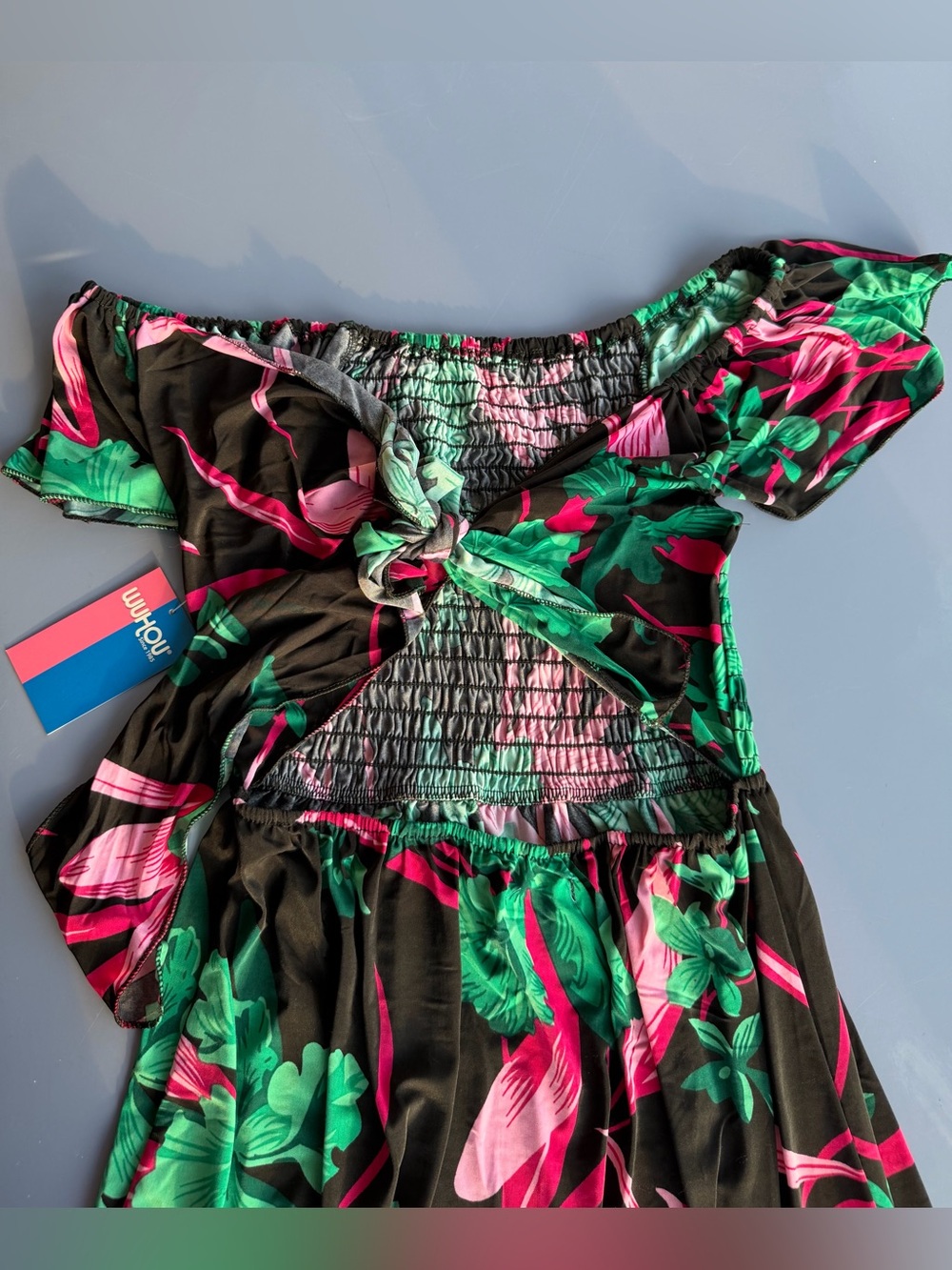 Tropical Floral Off-Shoulder with Front Tie Maxi Dress - Green & Pink - Picture 2 of 13